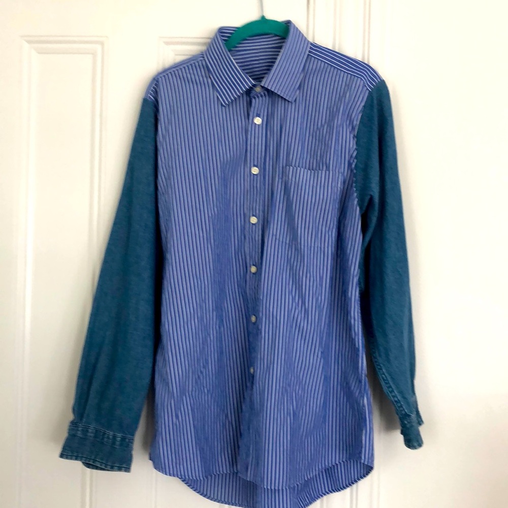 Oversized Button Down Shirt with denim sleeves.